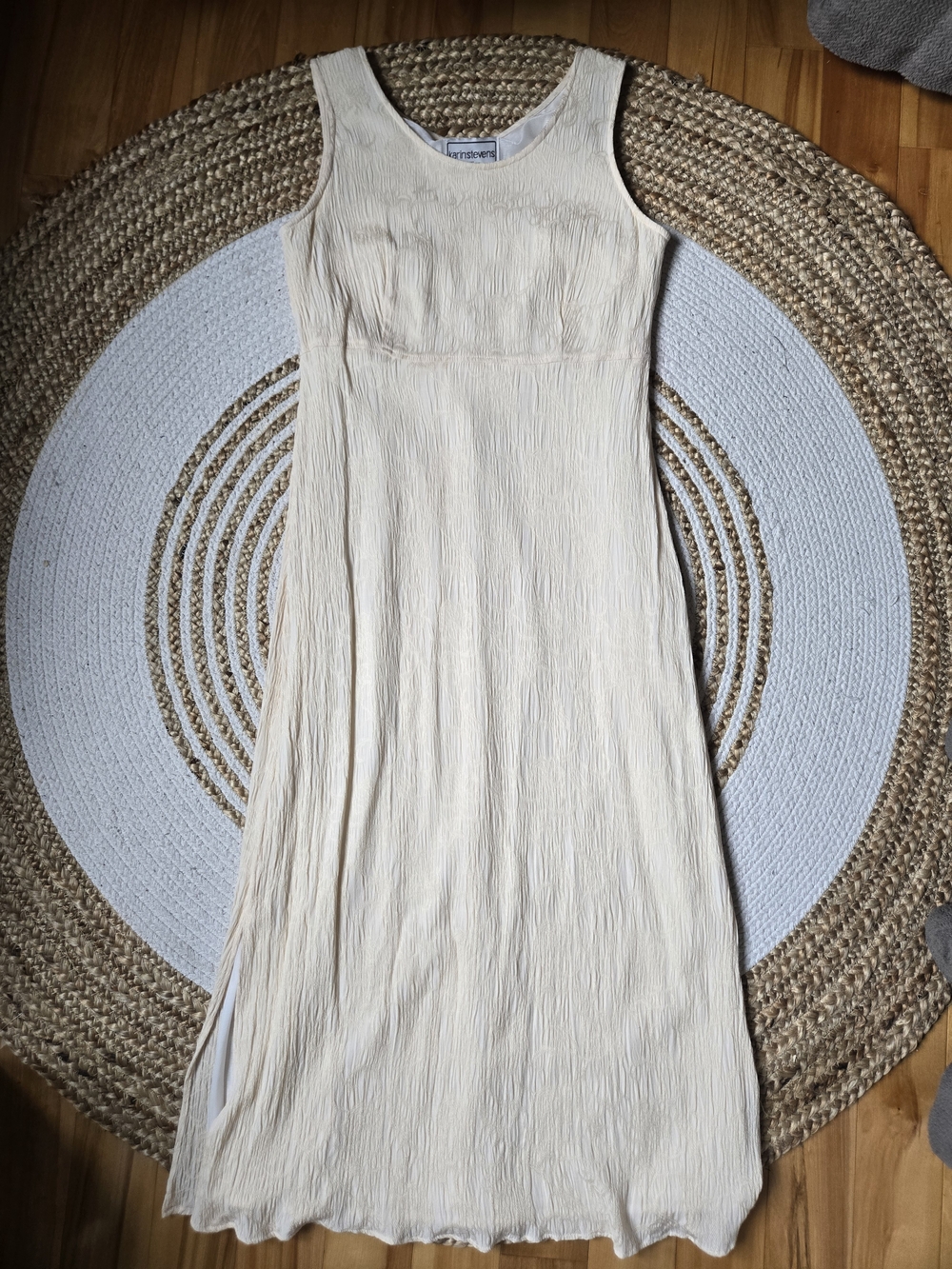 Vintage 90s Karin Stevens Cream Textured Maxi Dress Coquette Cottagecore Summer